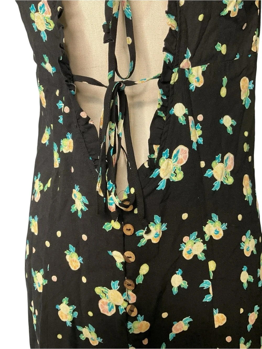 Free People Black Floral Mini Dress Open Back Ruffle Trim Size L